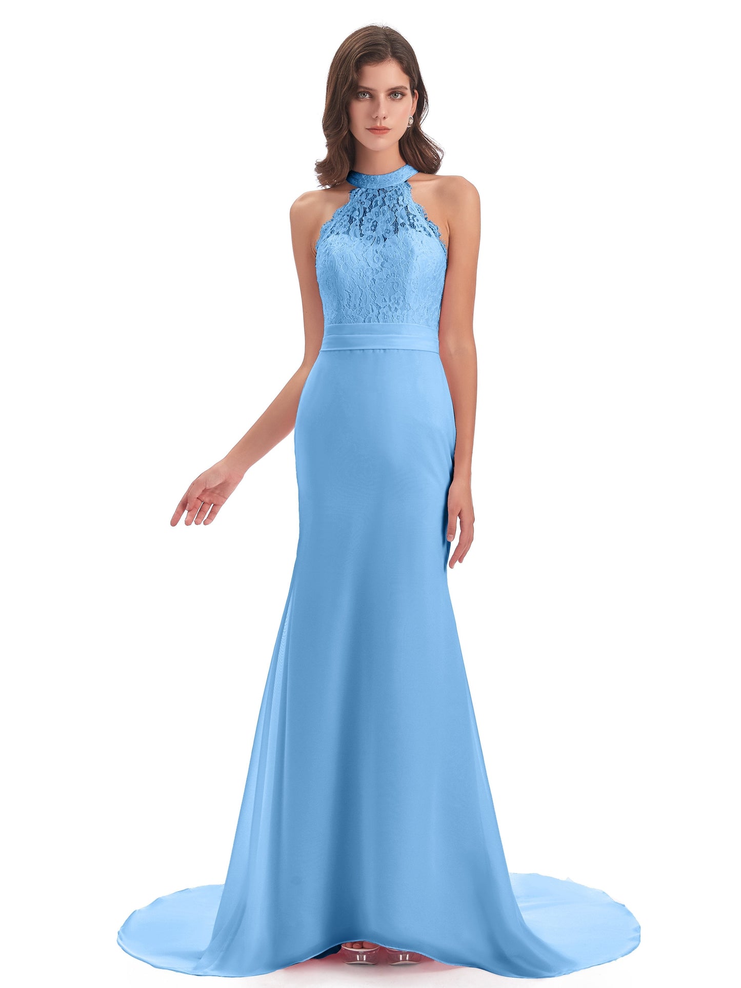 Jenny Court Train Halter Lace Bridesmaid Dresses