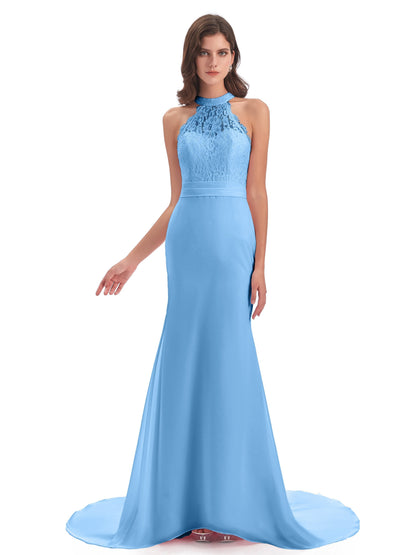 Jenny Court Train Halter Lace Bridesmaid Dresses