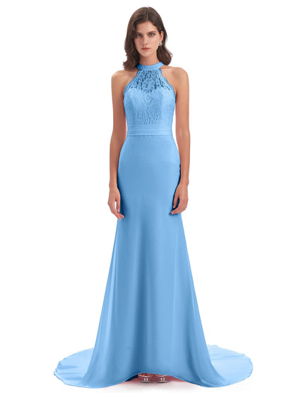 Jenny Court Train Halter Lace Bridesmaid Dresses