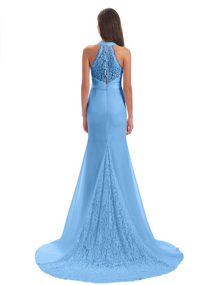Jenny Court Train Halter Lace Bridesmaid Dresses