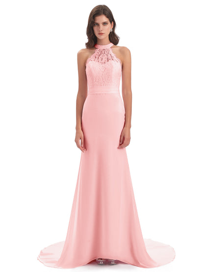 Jenny Court Train Halter Lace Bridesmaid Dresses