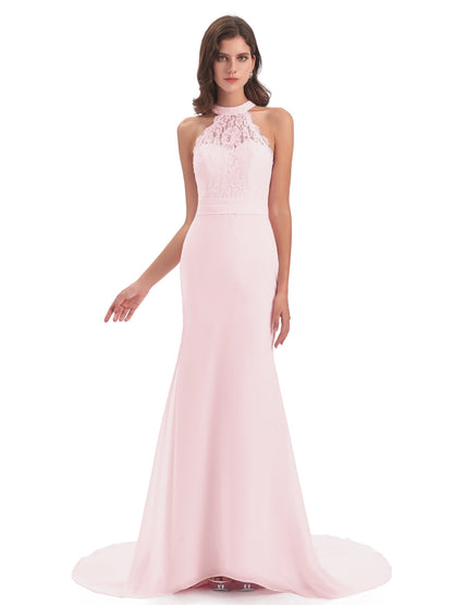 Jenny Court Train Halter Lace Bridesmaid Dresses