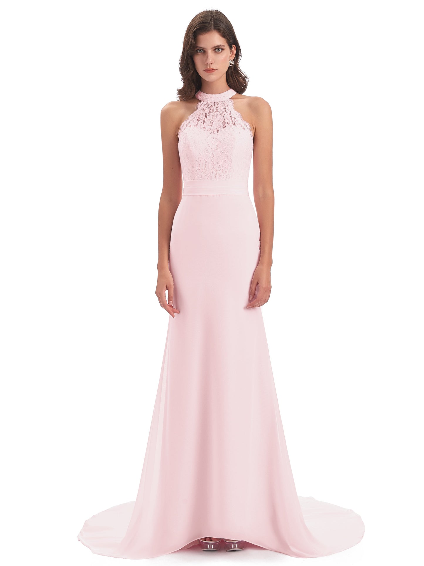 Jenny Court Train Halter Lace Bridesmaid Dresses