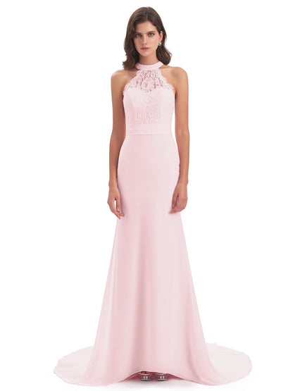 Jenny Court Train Halter Lace Bridesmaid Dresses