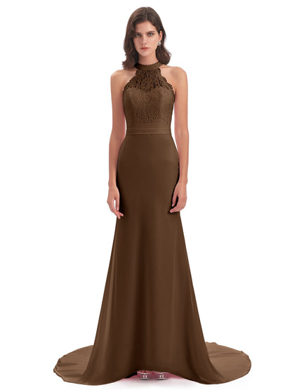 Jenny Court Train Halter Lace Bridesmaid Dresses