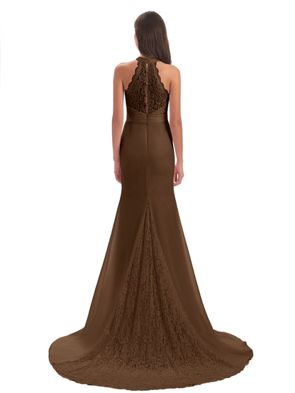 Jenny Court Train Halter Lace Bridesmaid Dresses
