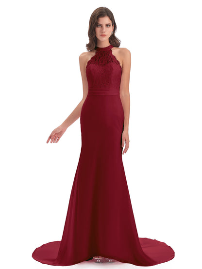 Jenny Court Train Halter Lace Bridesmaid Dresses