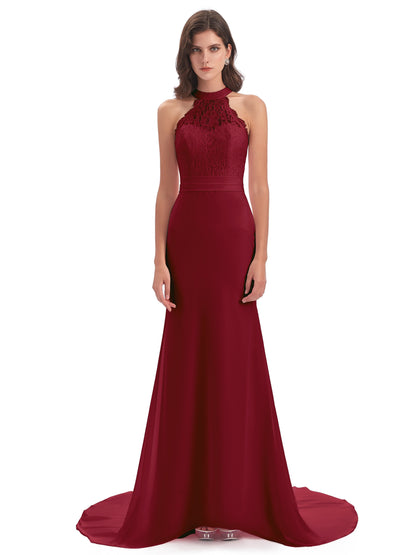 Jenny Court Train Halter Lace Bridesmaid Dresses