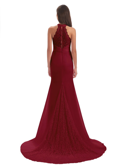 Jenny Court Train Halter Lace Bridesmaid Dresses
