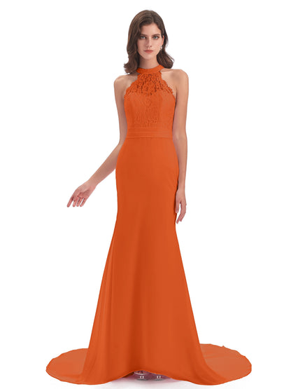 Jenny Court Train Halter Lace Bridesmaid Dresses