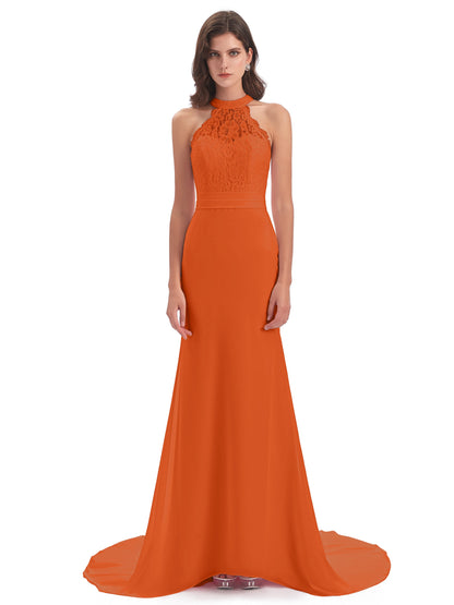 Jenny Court Train Halter Lace Bridesmaid Dresses