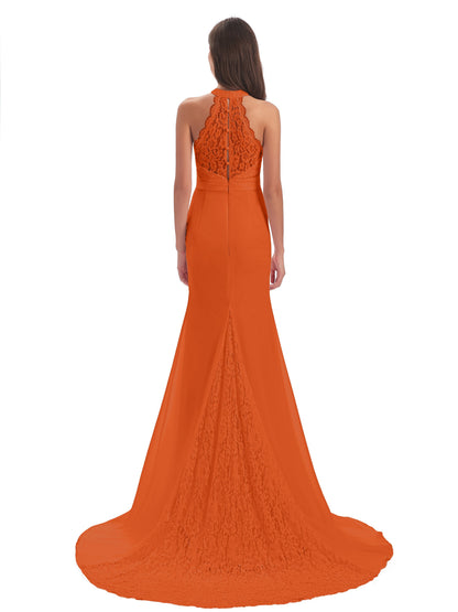 Jenny Court Train Halter Lace Bridesmaid Dresses