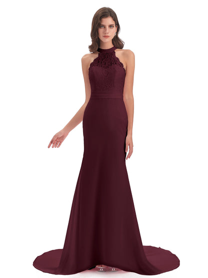 Jenny Court Train Halter Lace Bridesmaid Dresses