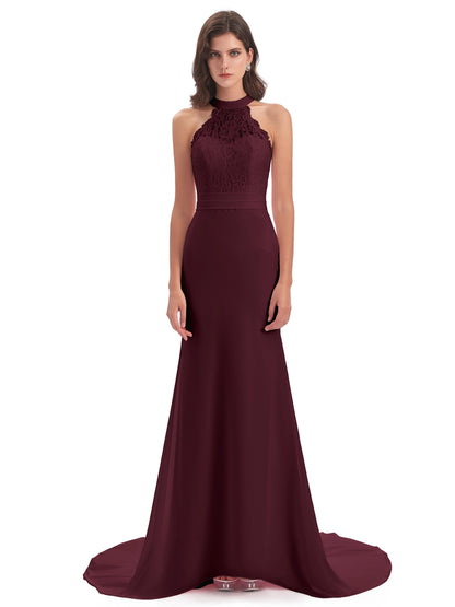 Jenny Court Train Halter Lace Bridesmaid Dresses