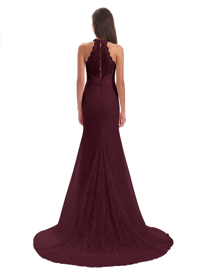 Jenny Court Train Halter Lace Bridesmaid Dresses