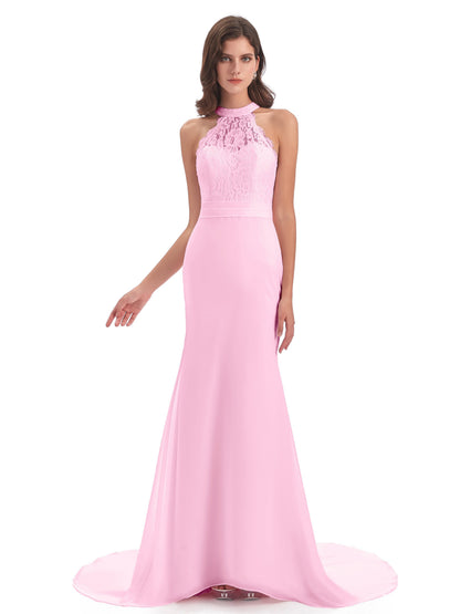 Jenny Court Train Halter Lace Bridesmaid Dresses