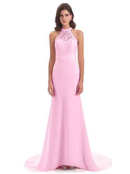 Jenny Court Train Halter Lace Bridesmaid Dresses