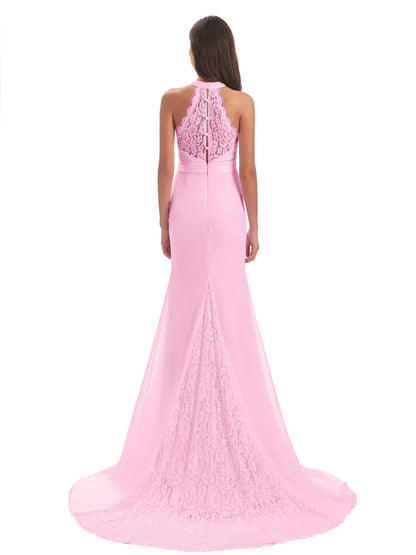 Jenny Court Train Halter Lace Bridesmaid Dresses