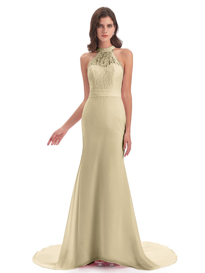 Jenny Court Train Halter Lace Bridesmaid Dresses