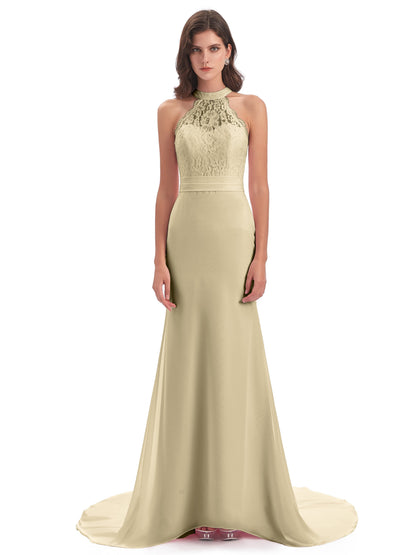 Jenny Court Train Halter Lace Bridesmaid Dresses