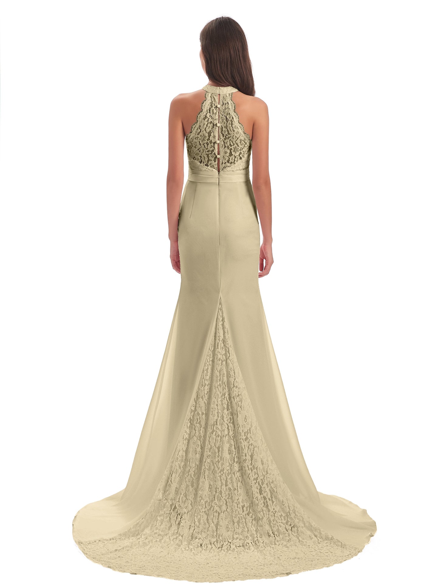 Jenny Court Train Halter Lace Bridesmaid Dresses
