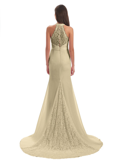 Jenny Court Train Halter Lace Bridesmaid Dresses