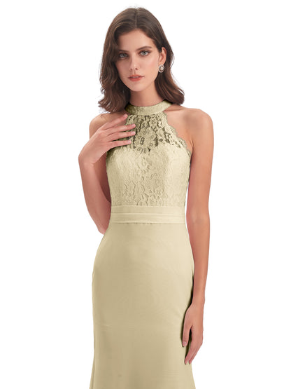 Jenny Court Train Halter Lace Bridesmaid Dresses