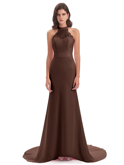 Jenny Court Train Halter Lace Bridesmaid Dresses