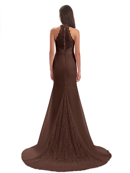 Jenny Court Train Halter Lace Bridesmaid Dresses