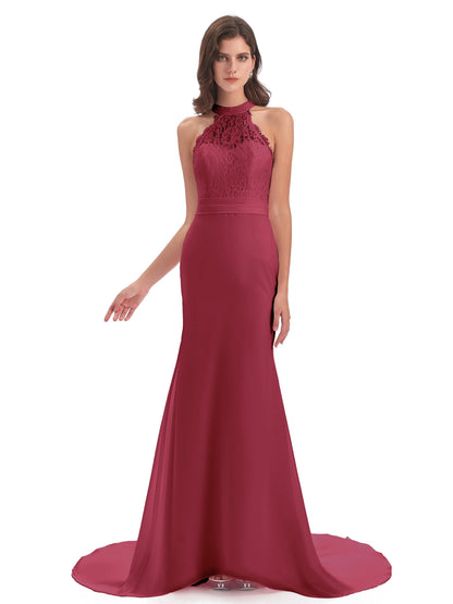 Jenny Court Train Halter Lace Bridesmaid Dresses