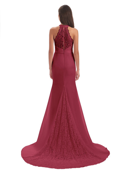 Jenny Court Train Halter Lace Bridesmaid Dresses