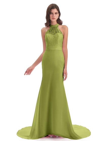 Jenny Court Train Halter Lace Bridesmaid Dresses