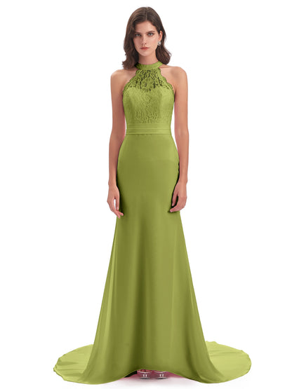 Jenny Court Train Halter Lace Bridesmaid Dresses