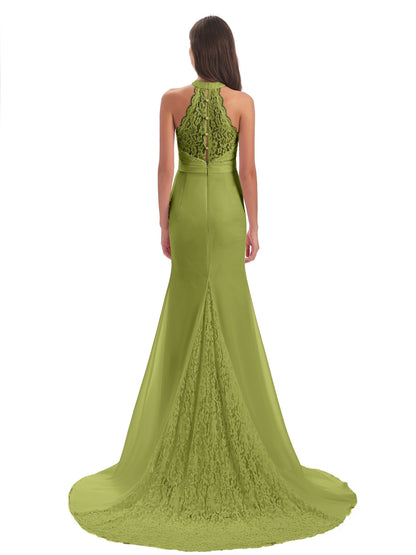 Jenny Court Train Halter Lace Bridesmaid Dresses