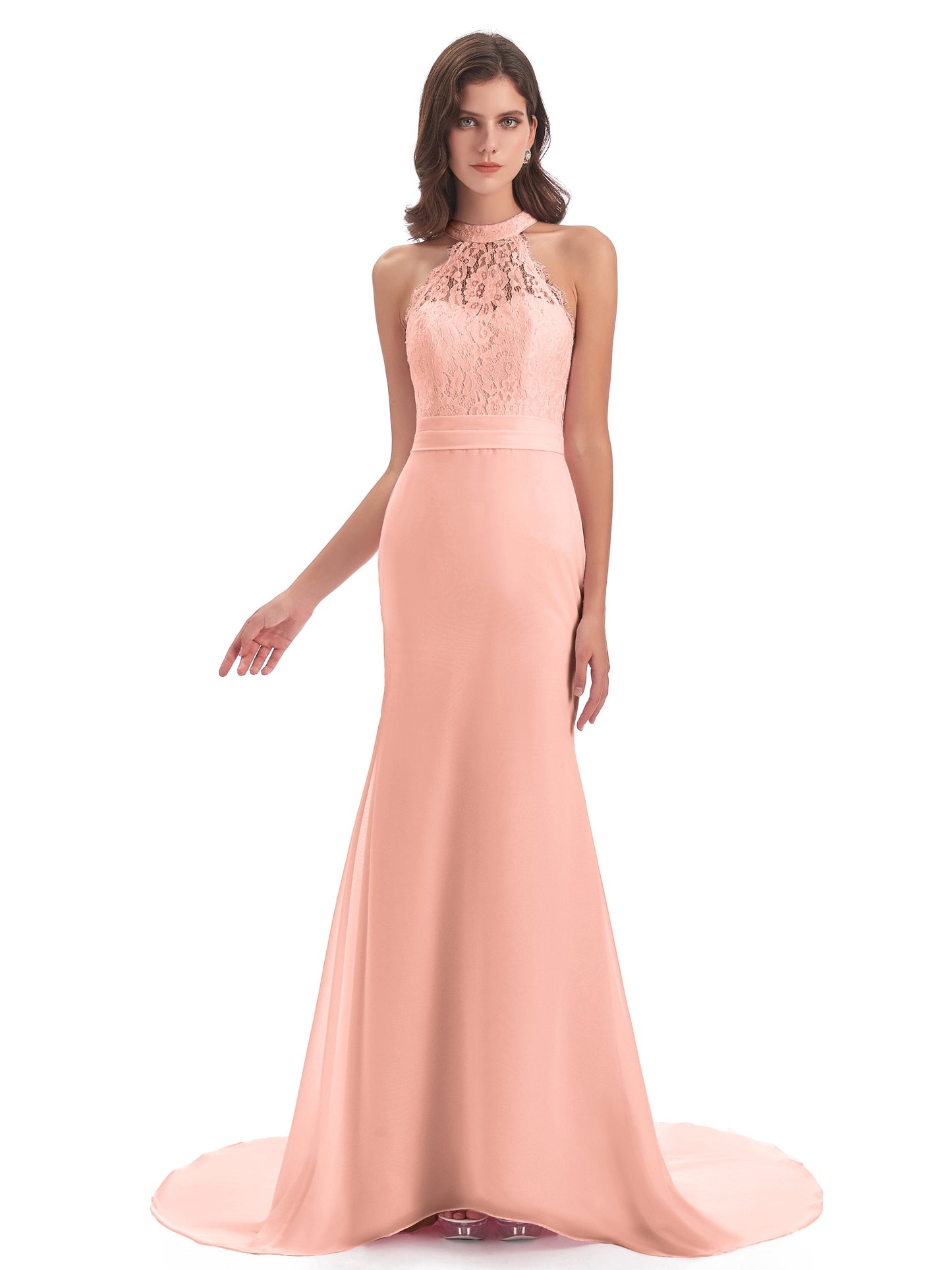 Jenny Court Train Halter Lace Bridesmaid Dresses
