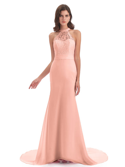 Jenny Court Train Halter Lace Bridesmaid Dresses