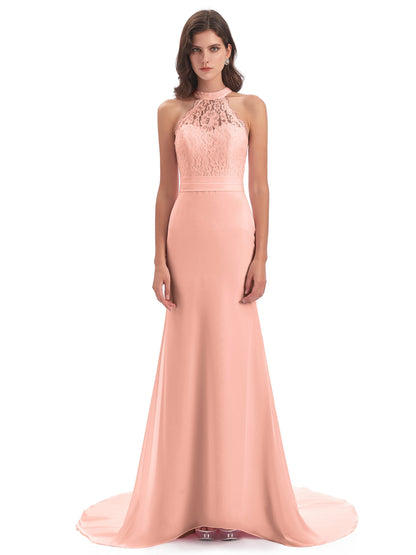 Jenny Court Train Halter Lace Bridesmaid Dresses