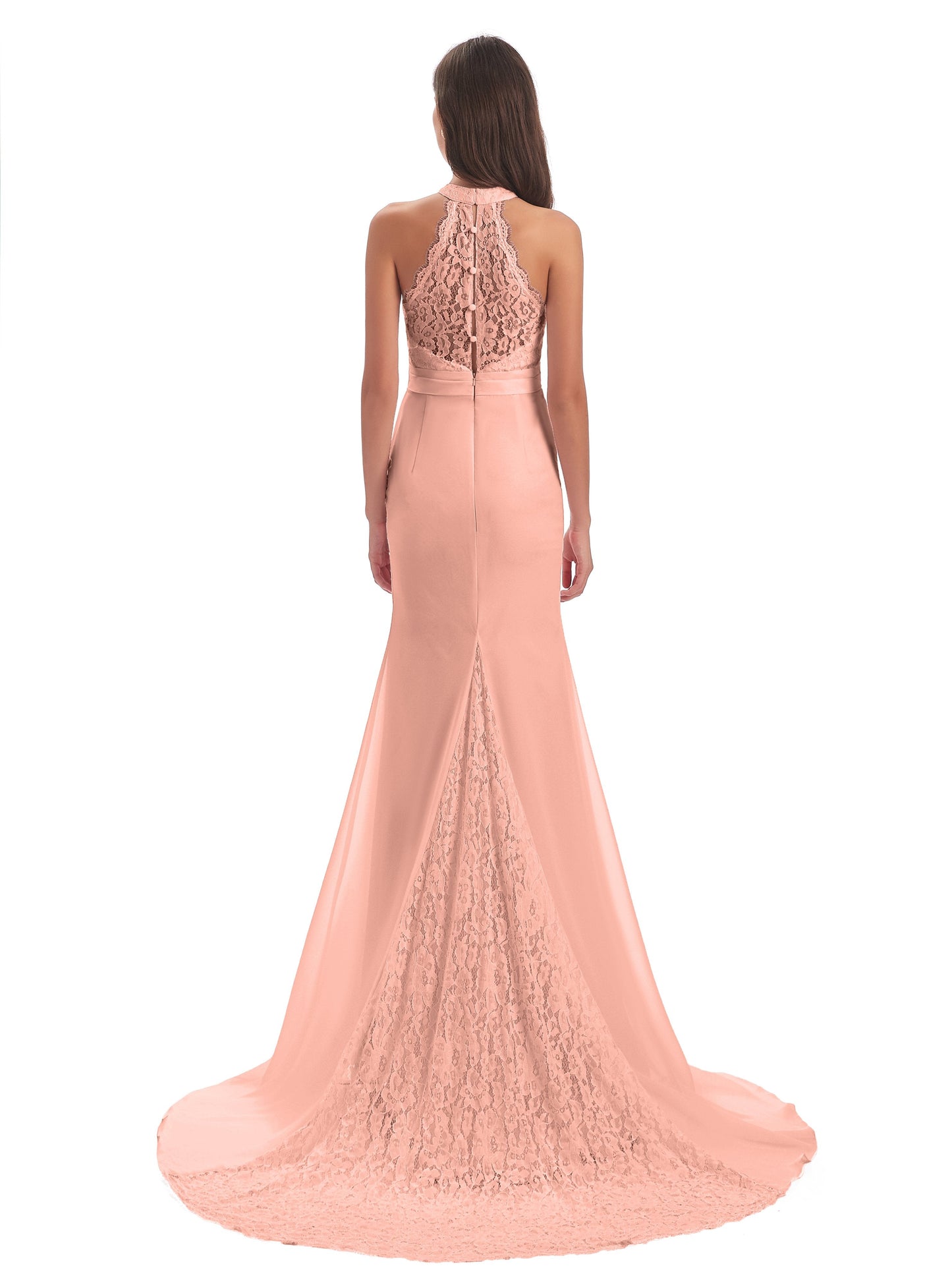 Jenny Court Train Halter Lace Bridesmaid Dresses