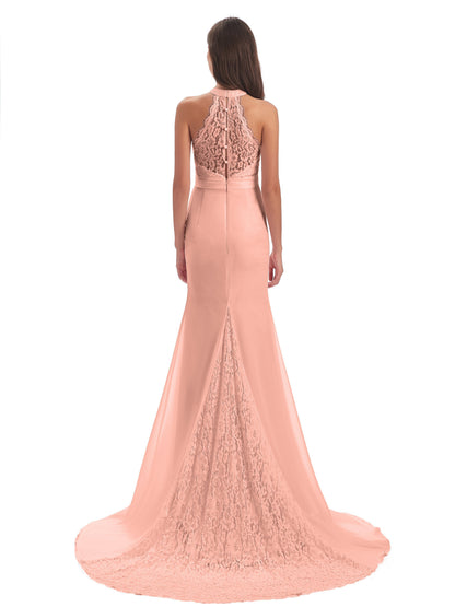 Jenny Court Train Halter Lace Bridesmaid Dresses