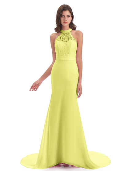 Jenny Court Train Halter Lace Bridesmaid Dresses