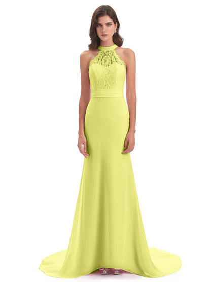 Jenny Court Train Halter Lace Bridesmaid Dresses