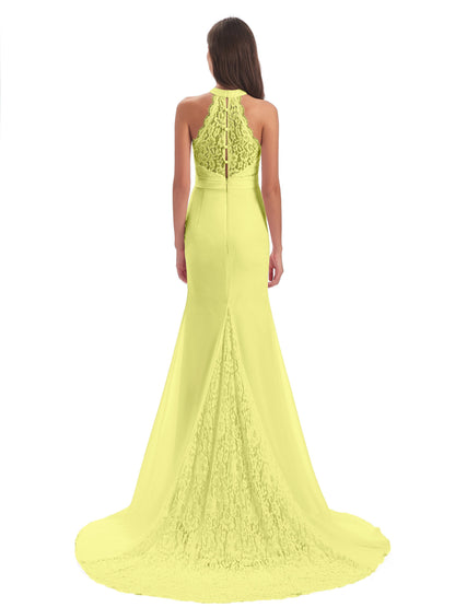 Jenny Court Train Halter Lace Bridesmaid Dresses