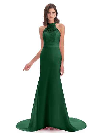 Jenny Court Train Halter Lace Bridesmaid Dresses
