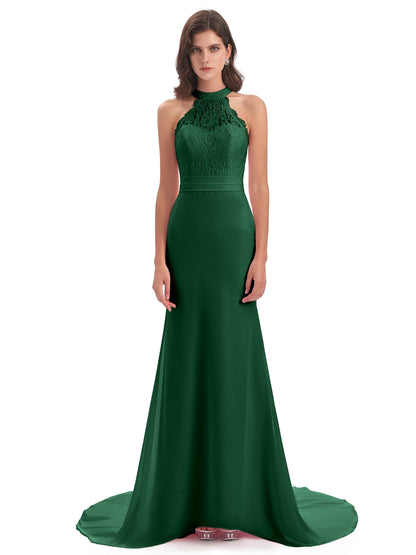 Jenny Court Train Halter Lace Bridesmaid Dresses