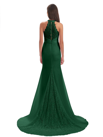 Jenny Court Train Halter Lace Bridesmaid Dresses