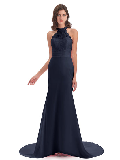 Jenny Court Train Halter Lace Bridesmaid Dresses