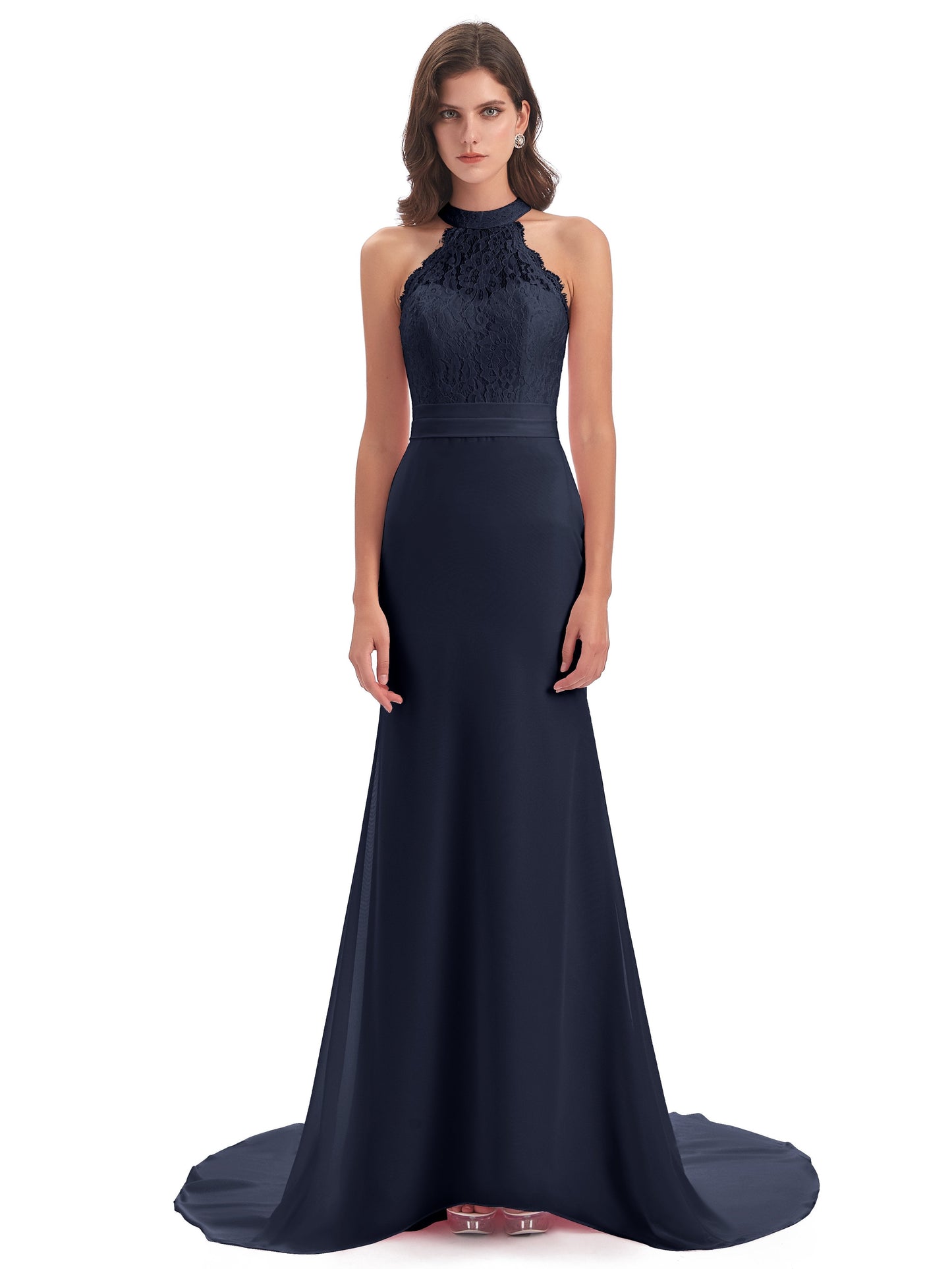 Jenny Court Train Halter Lace Bridesmaid Dresses