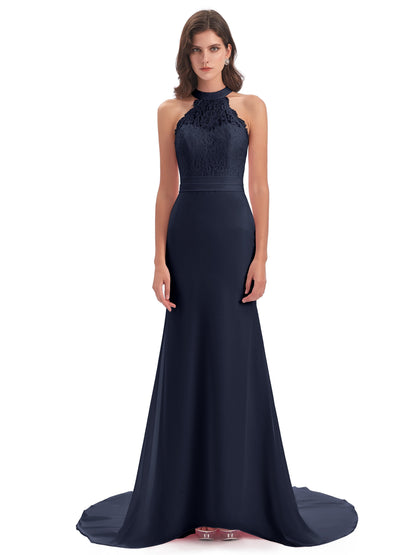 Jenny Court Train Halter Lace Bridesmaid Dresses