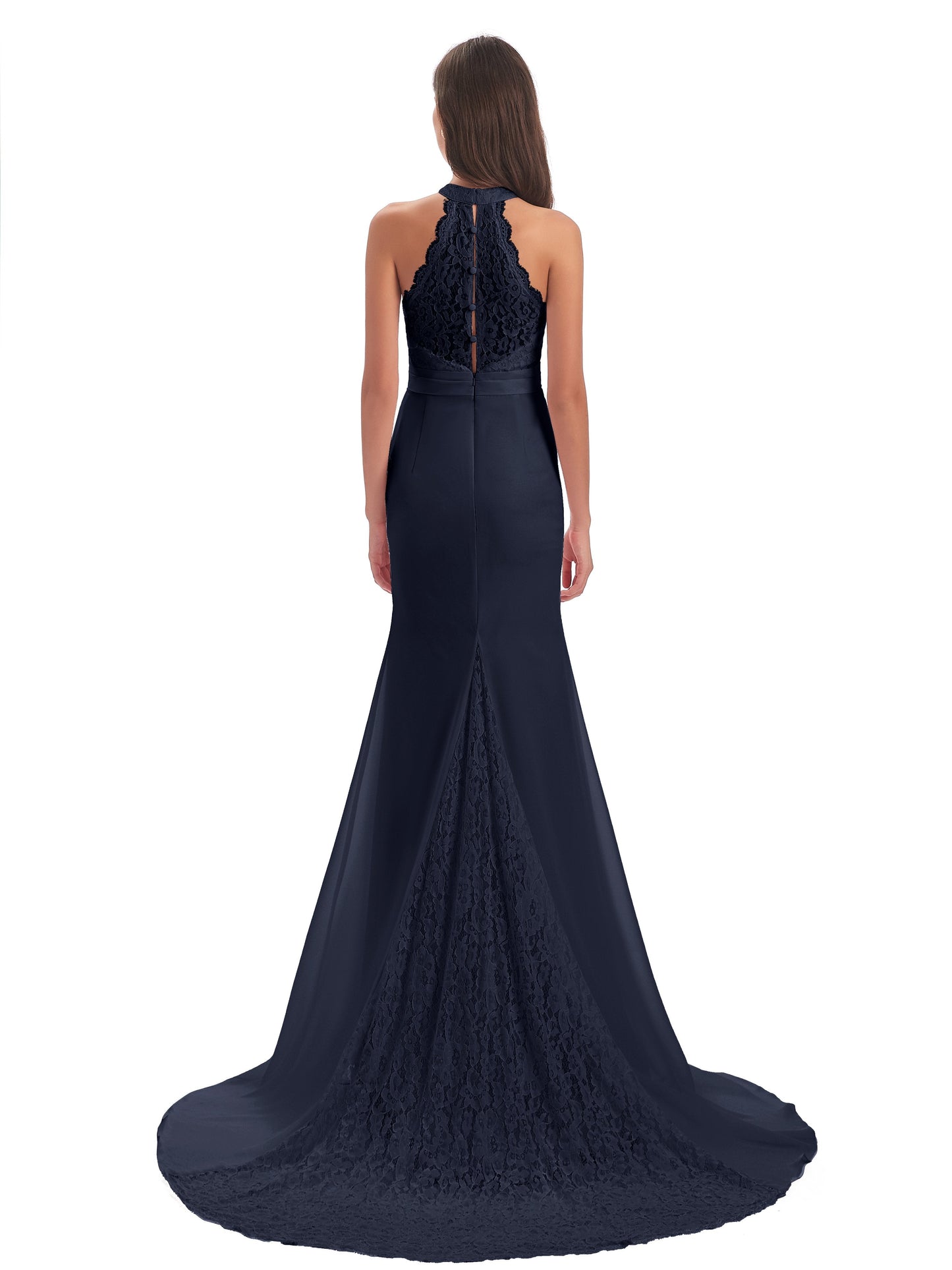 Jenny Court Train Halter Lace Bridesmaid Dresses