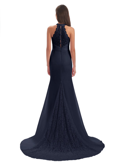 Jenny Court Train Halter Lace Bridesmaid Dresses
